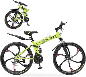 Outroad 26 Inch Folding Mountain Bike, 21 Speed Full Suspension High-Carbon Steel MTB Fold
